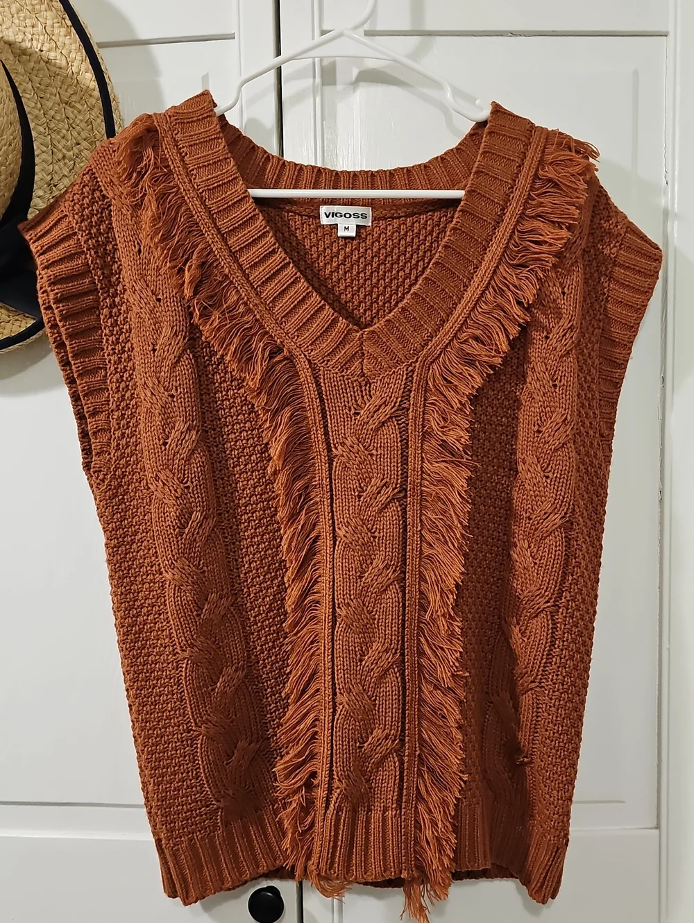 Vigoss Burnt Orange Fringe Cable V-Neck Sweater Vest